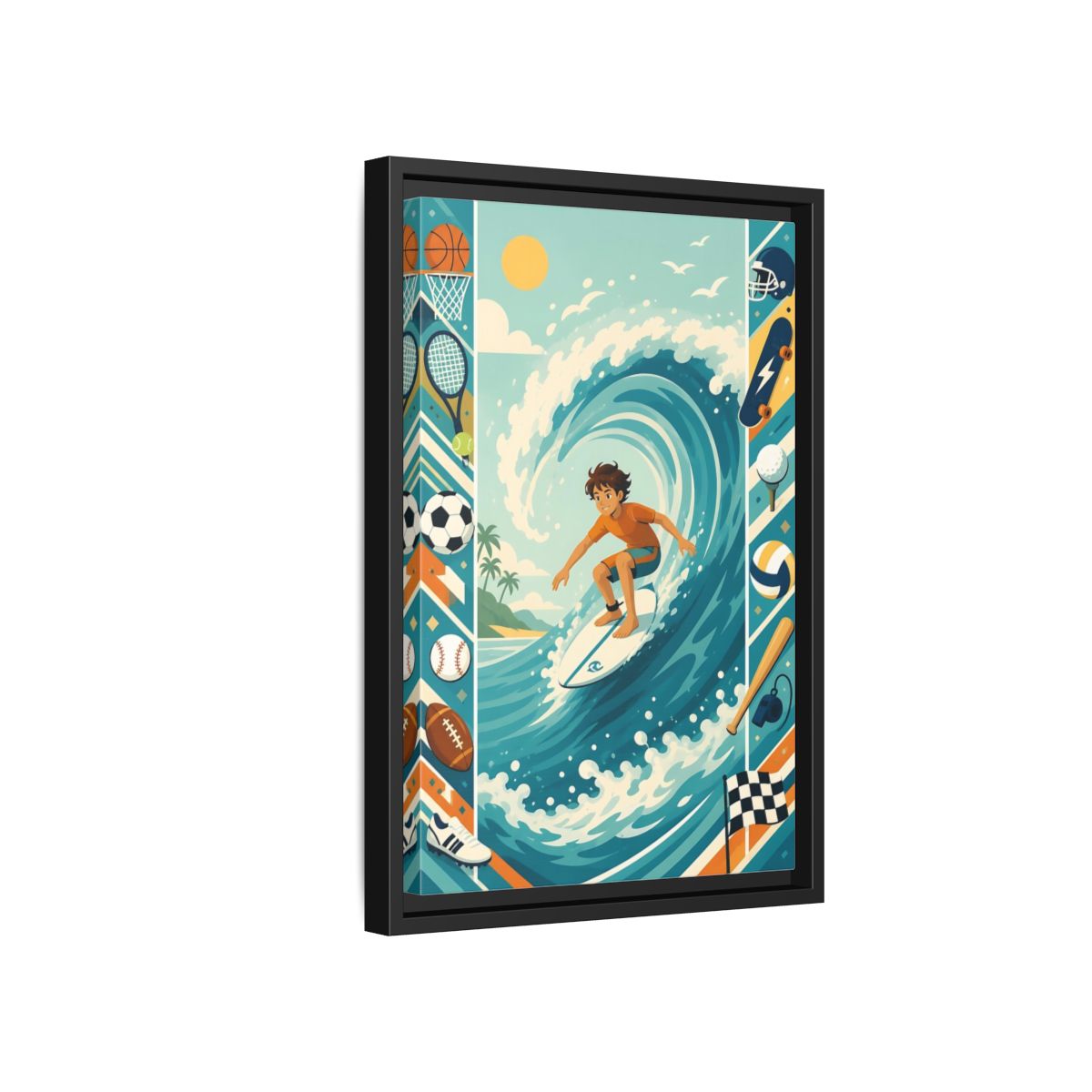 Side Mockup 6. Sports Surfing Boy Blue Surfing Sports shown as framed canvas print