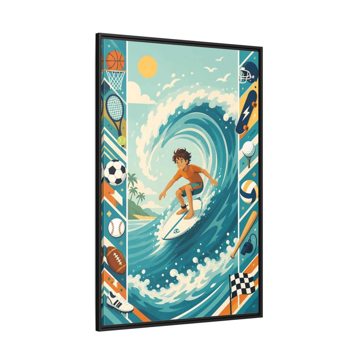 Side Mockup 12. Sports Surfing Boy Blue Surfing Sports shown as framed canvas print