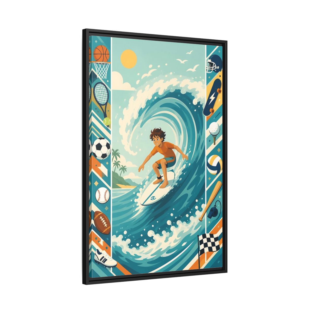 Side Mockup 13. Sports Surfing Boy Blue Surfing Sports shown as framed canvas print