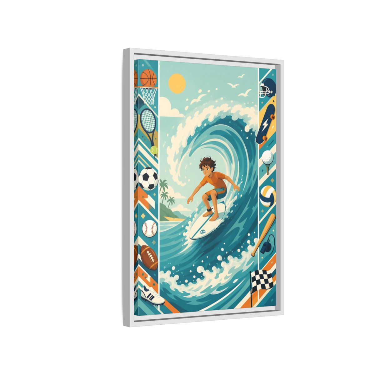 Side Mockup 1. Sports Surfing Boy Blue Surfing Sports shown as framed canvas print