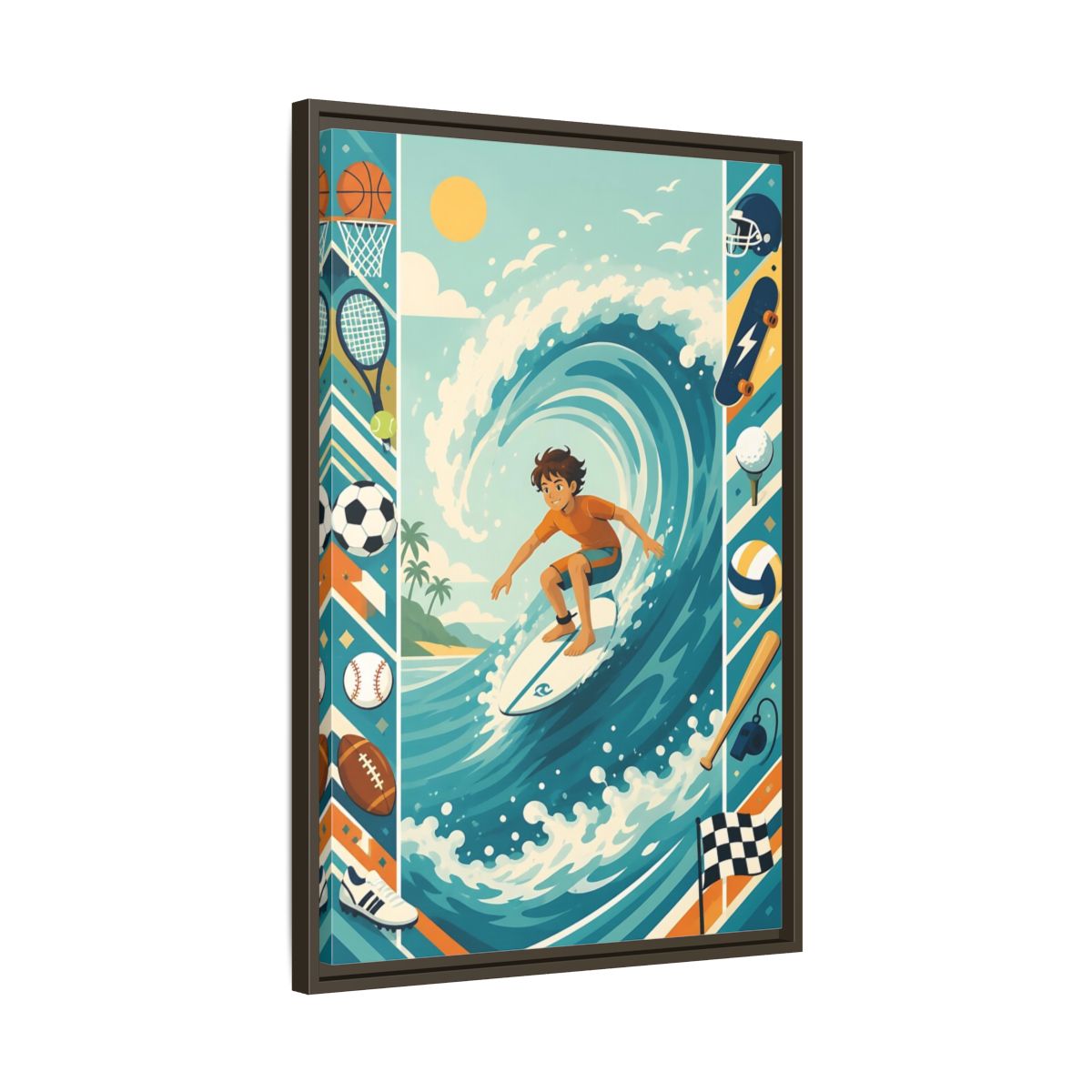 Side Mockup 11. Sports Surfing Boy Blue Surfing Sports shown as framed canvas print