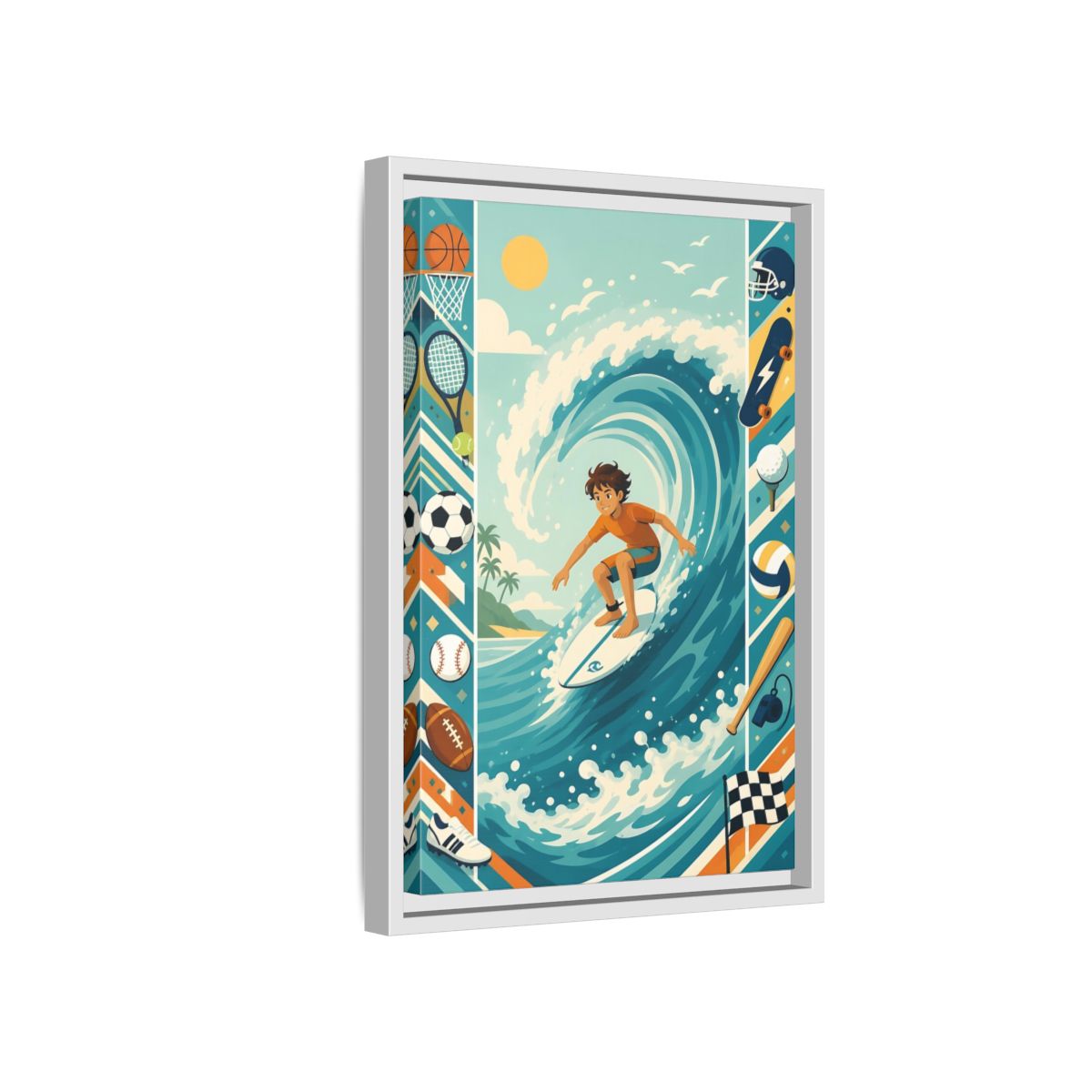 Side Mockup 4. Sports Surfing Boy Blue Surfing Sports shown as framed canvas print