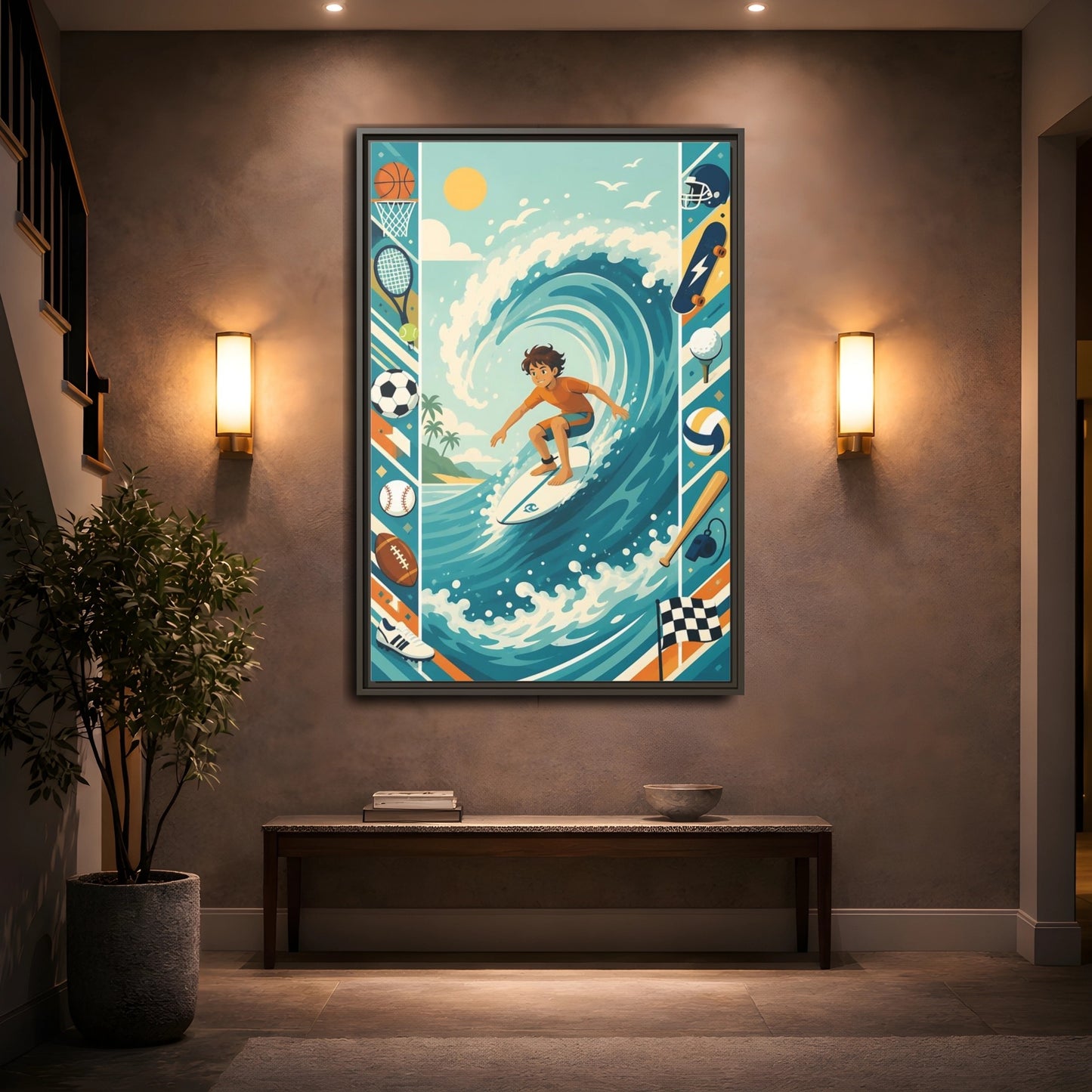 Mockup 2. Sports Surfing Boy Blue Surfing Sports shown as framed canvas print