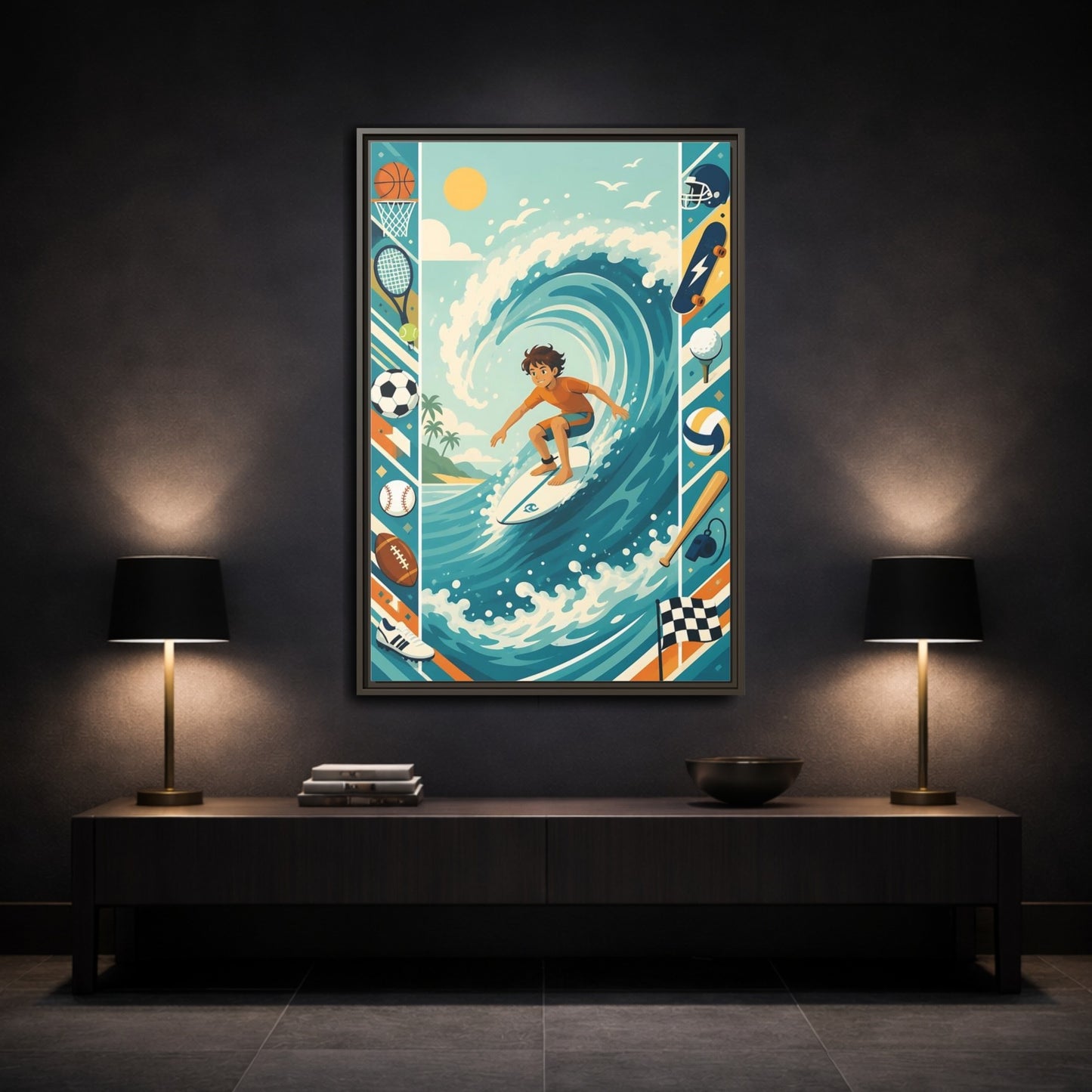 Mockup 3. Sports Surfing Boy Blue Surfing Sports shown as framed canvas print