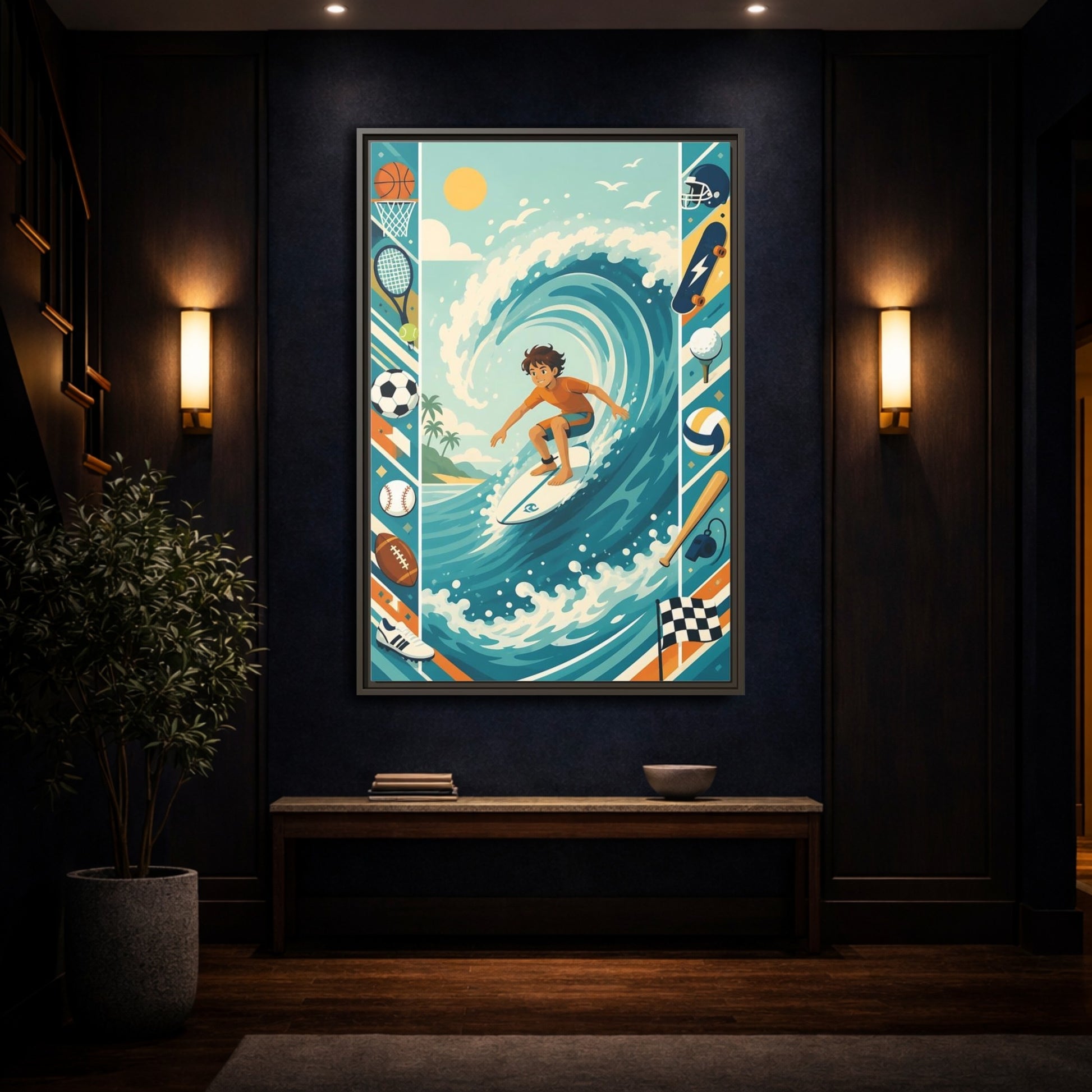 Mockup 4. Sports Surfing Boy Blue Surfing Sports shown as framed canvas print