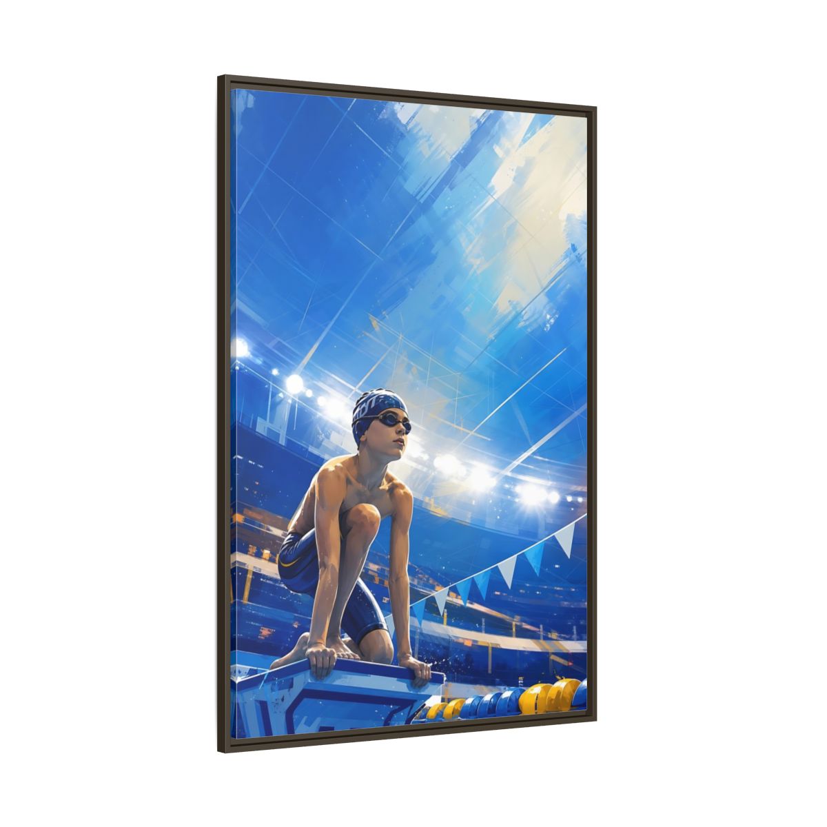 Side Mockup 8. Sports Swimmer Blue Swimmer Sport shown as framed canvas print