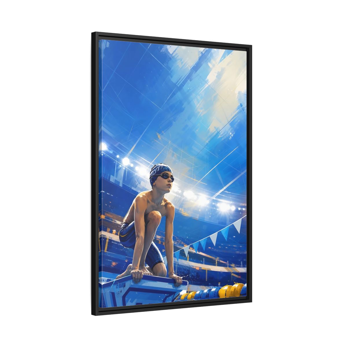 Side Mockup 13. Sports Swimmer Blue Swimmer Sport shown as framed canvas print