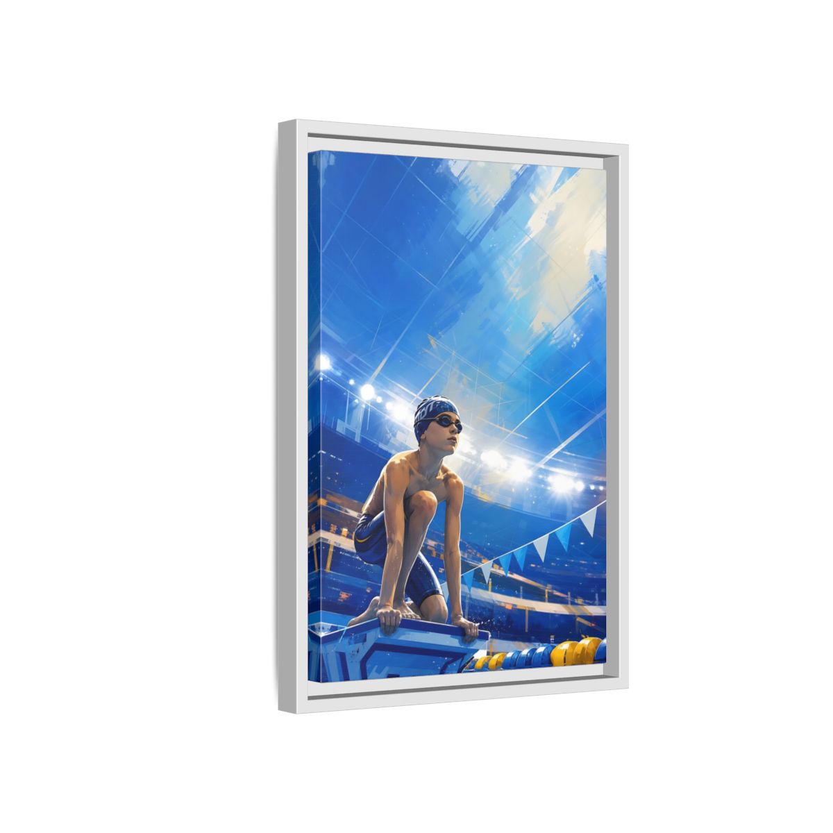 Side Mockup 4. Sports Swimmer Blue Swimmer Sport shown as framed canvas print