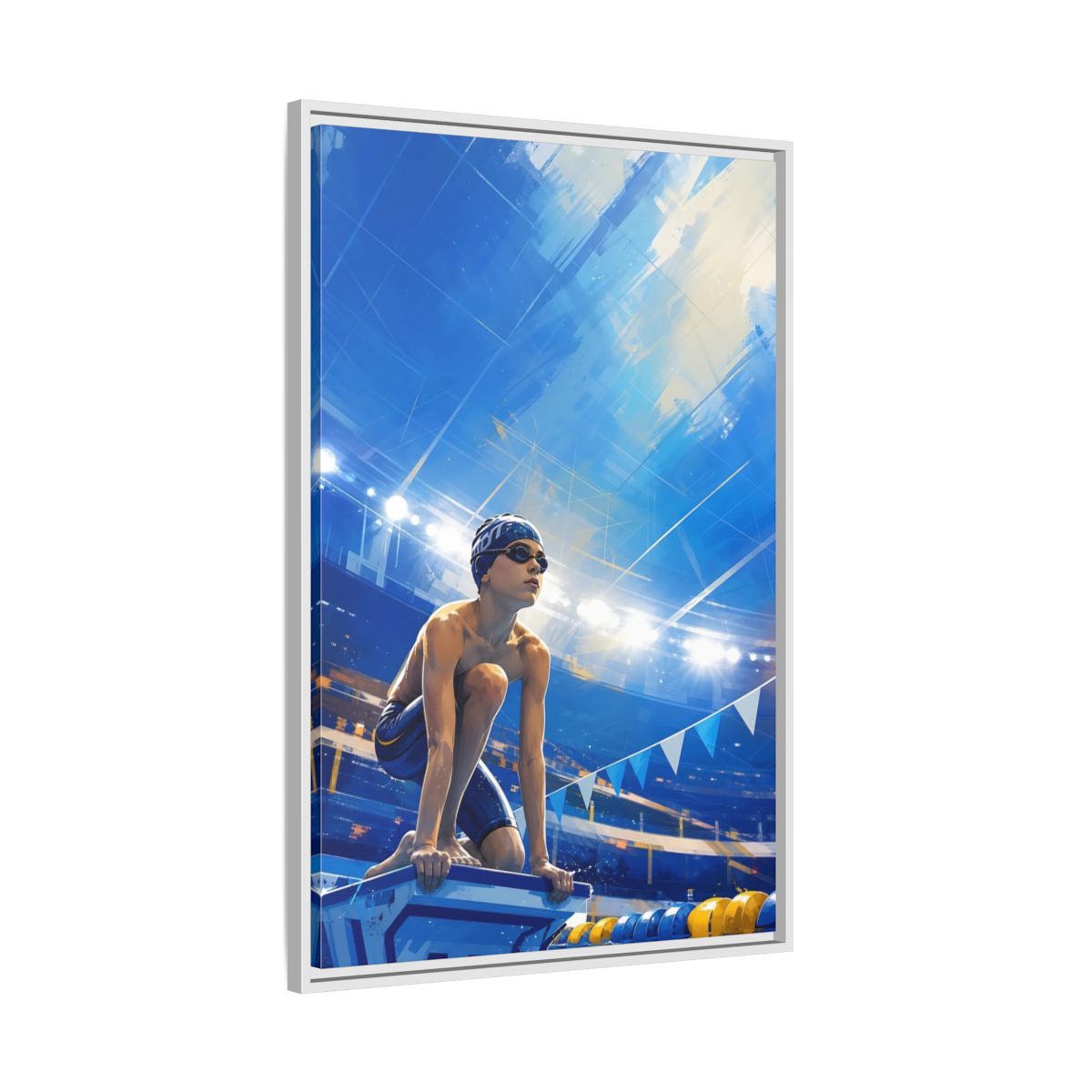 Side Mockup 9. Sports Swimmer Blue Swimmer Sport shown as framed canvas print