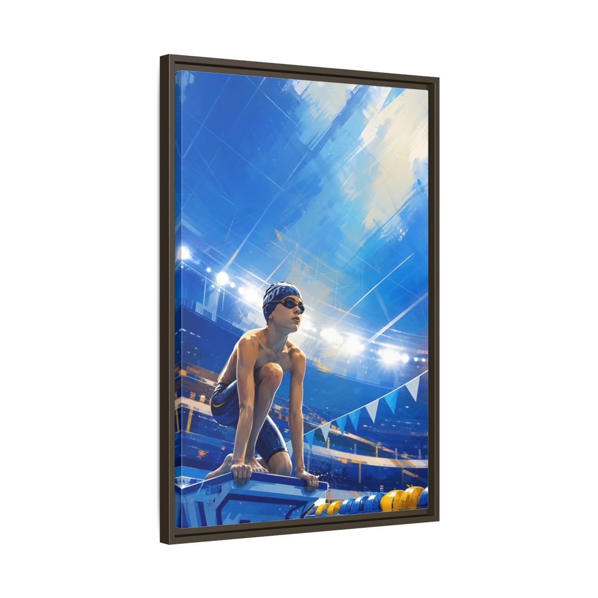 Side Mockup 11. Sports Swimmer Blue Swimmer Sport shown as framed canvas print