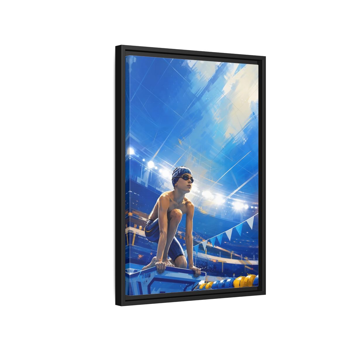 Side Mockup 3. Sports Swimmer Blue Swimmer Sport shown as framed canvas print