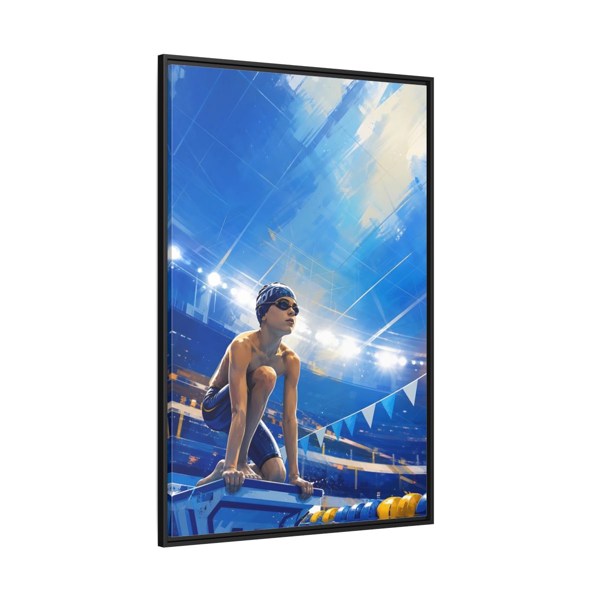 Side Mockup 12. Sports Swimmer Blue Swimmer Sport shown as framed canvas print