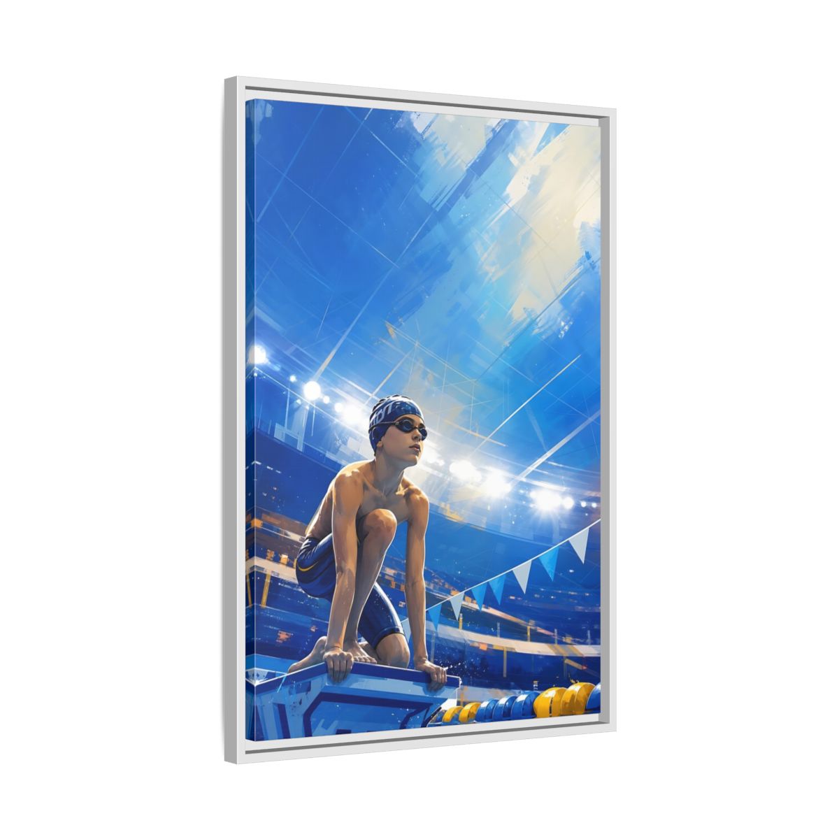 Side Mockup 10. Sports Swimmer Blue Swimmer Sport shown as framed canvas print