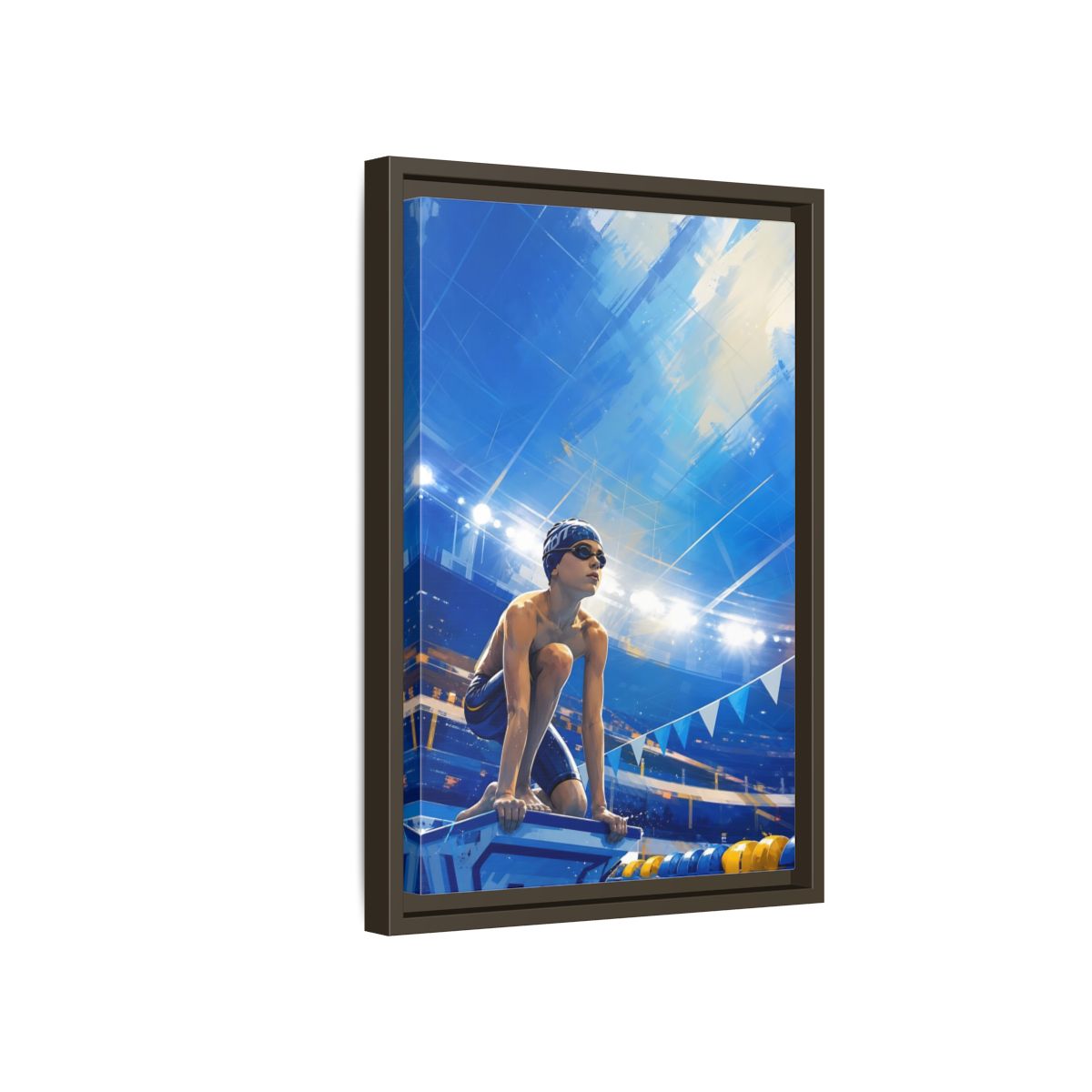 Side Mockup 5. Sports Swimmer Blue Swimmer Sport shown as framed canvas print