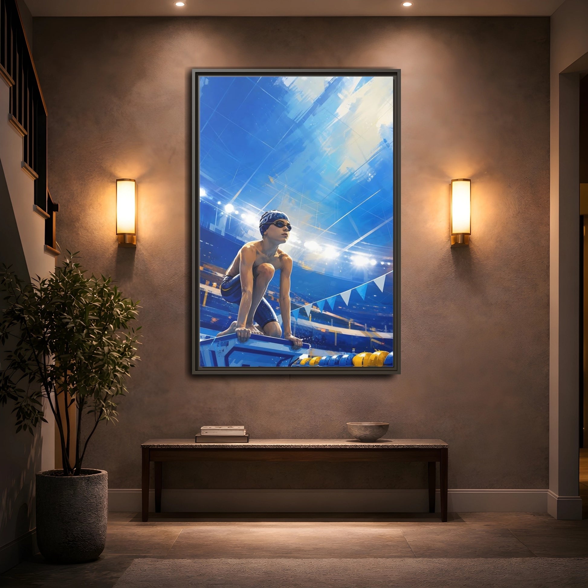 Mockup 2. Sports Swimmer Blue Swimmer Sport shown as framed canvas print