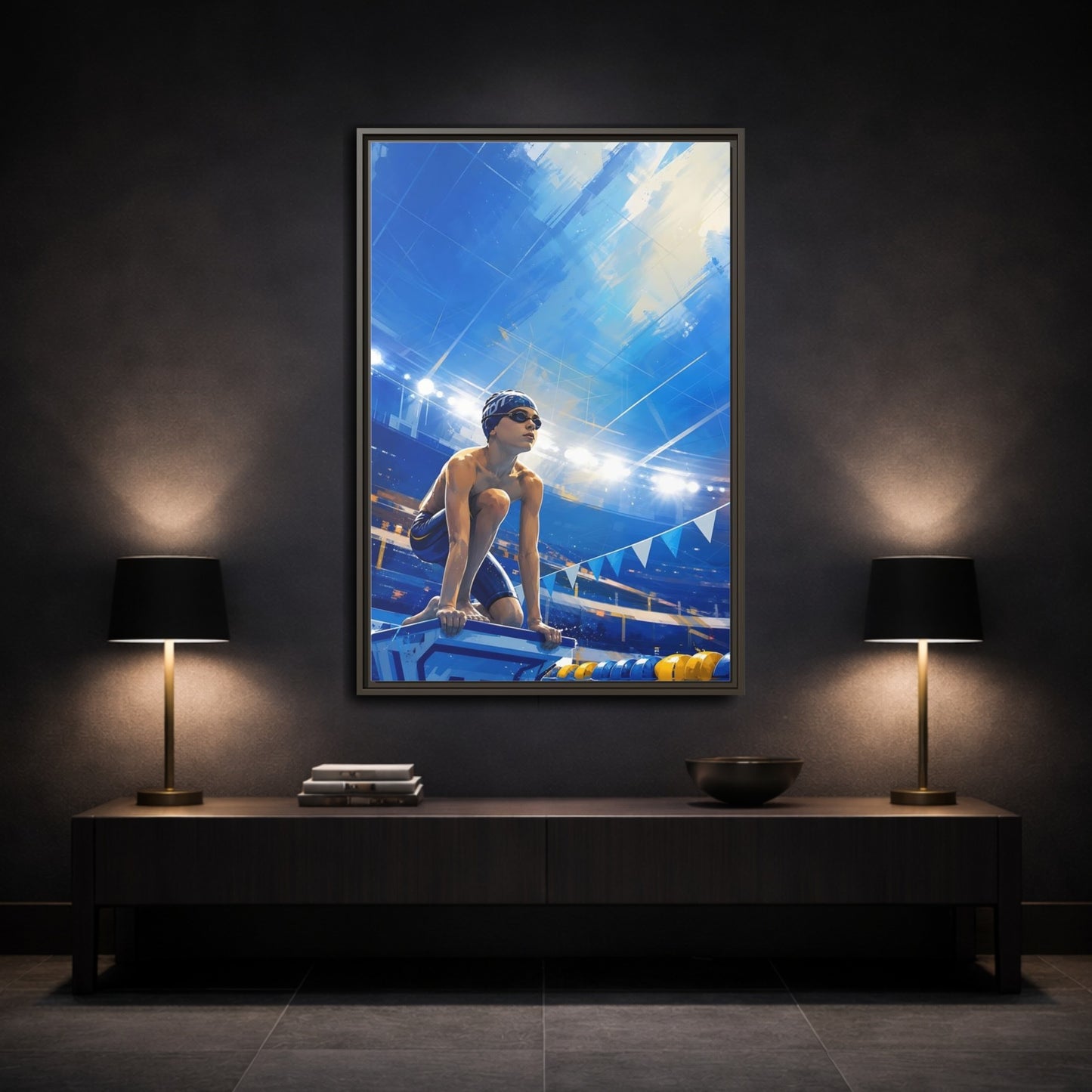 Mockup 3. Sports Swimmer Blue Swimmer Sport shown as framed canvas print