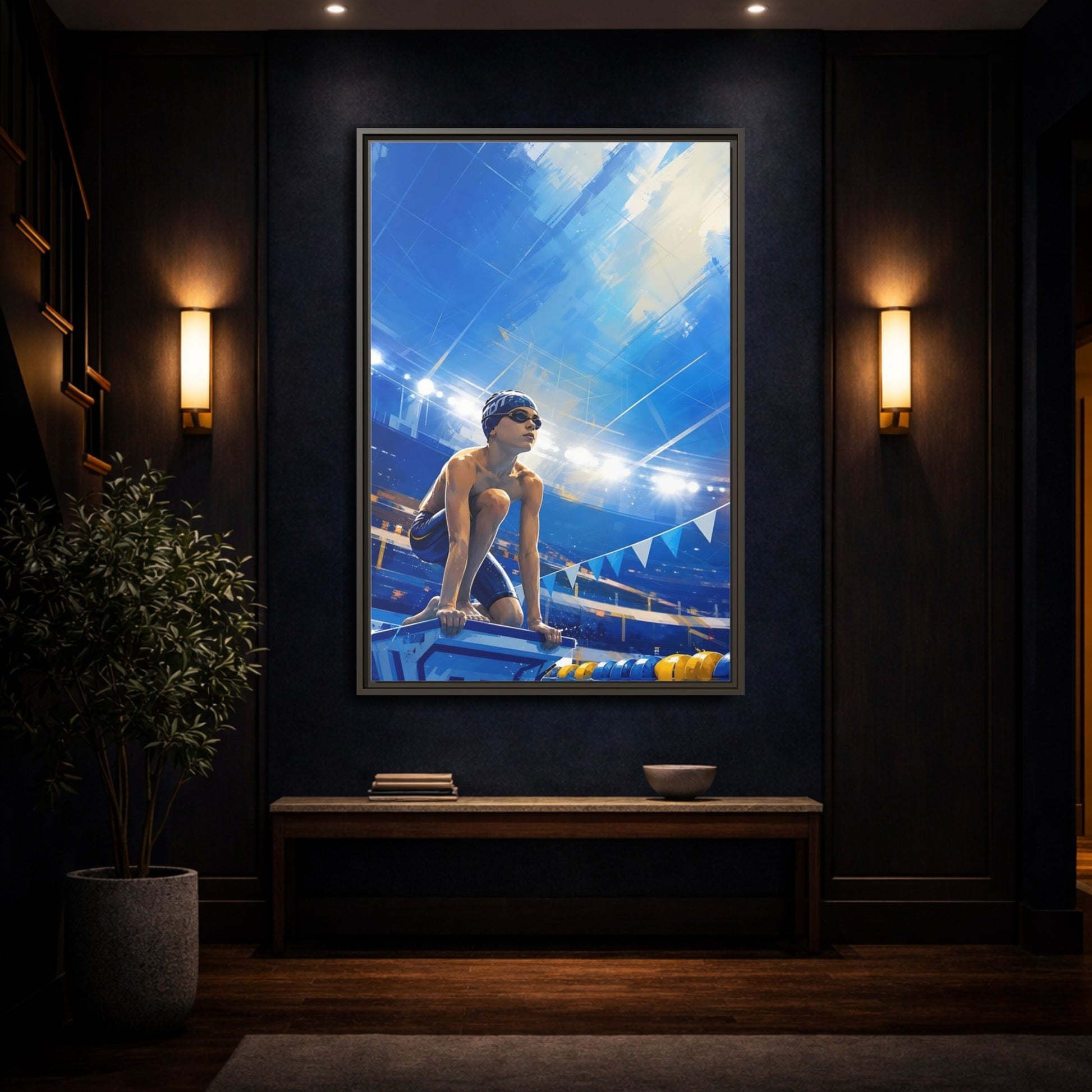 Mockup 4. Sports Swimmer Blue Swimmer Sport shown as framed canvas print