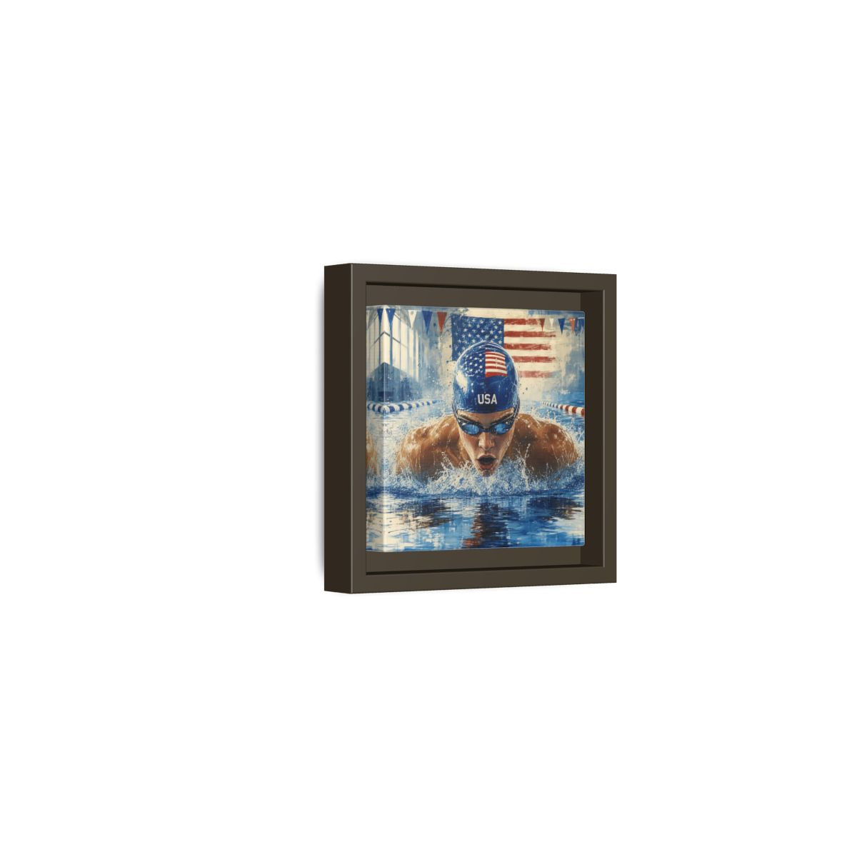 Side Mockup 23. Sports Swimmer Red White Blue shown as framed canvas print