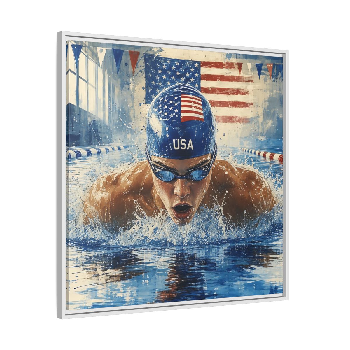 Side Mockup 25. Sports Swimmer Red White Blue shown as framed canvas print