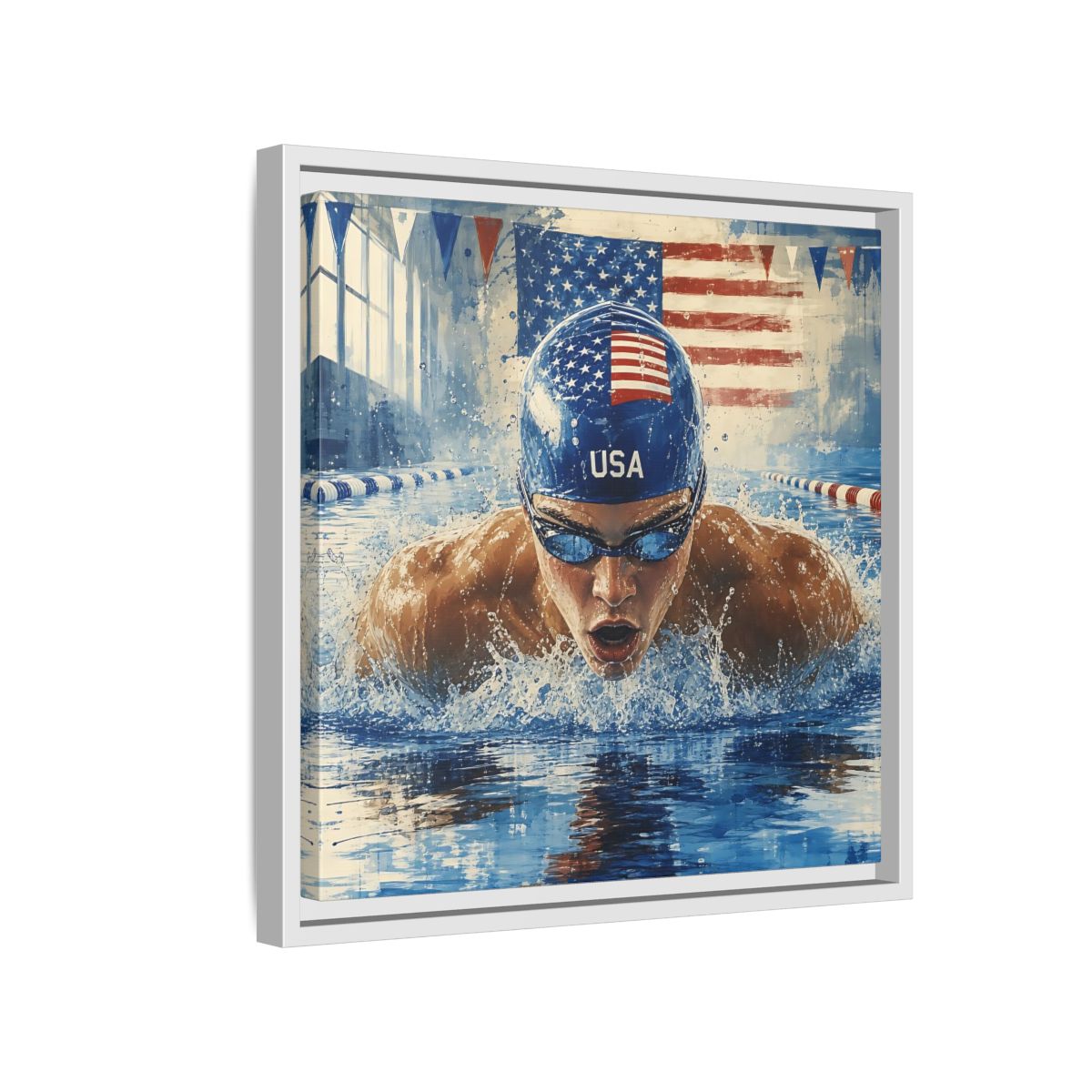 Side Mockup 13. Sports Swimmer Red White Blue shown as framed canvas print
