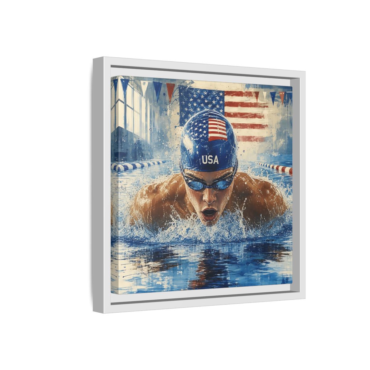 Side Mockup 16. Sports Swimmer Red White Blue shown as framed canvas print