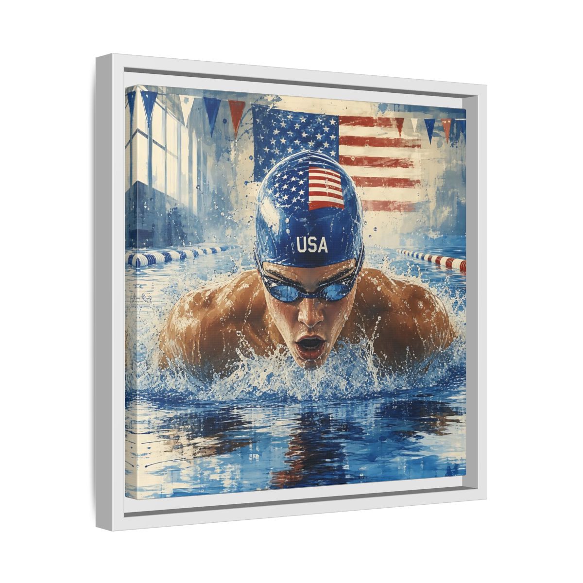 Side Mockup 28. Sports Swimmer Red White Blue shown as framed canvas print