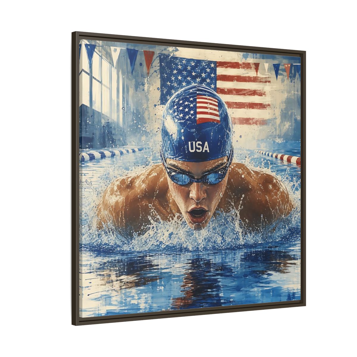 Side Mockup 5. Sports Swimmer Red White Blue shown as framed canvas print