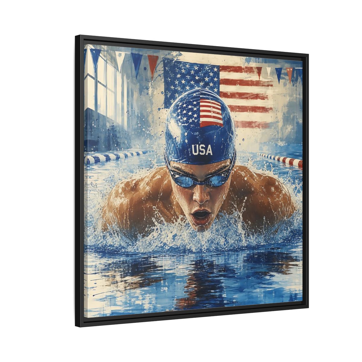 Side Mockup 9. Sports Swimmer Red White Blue shown as framed canvas print