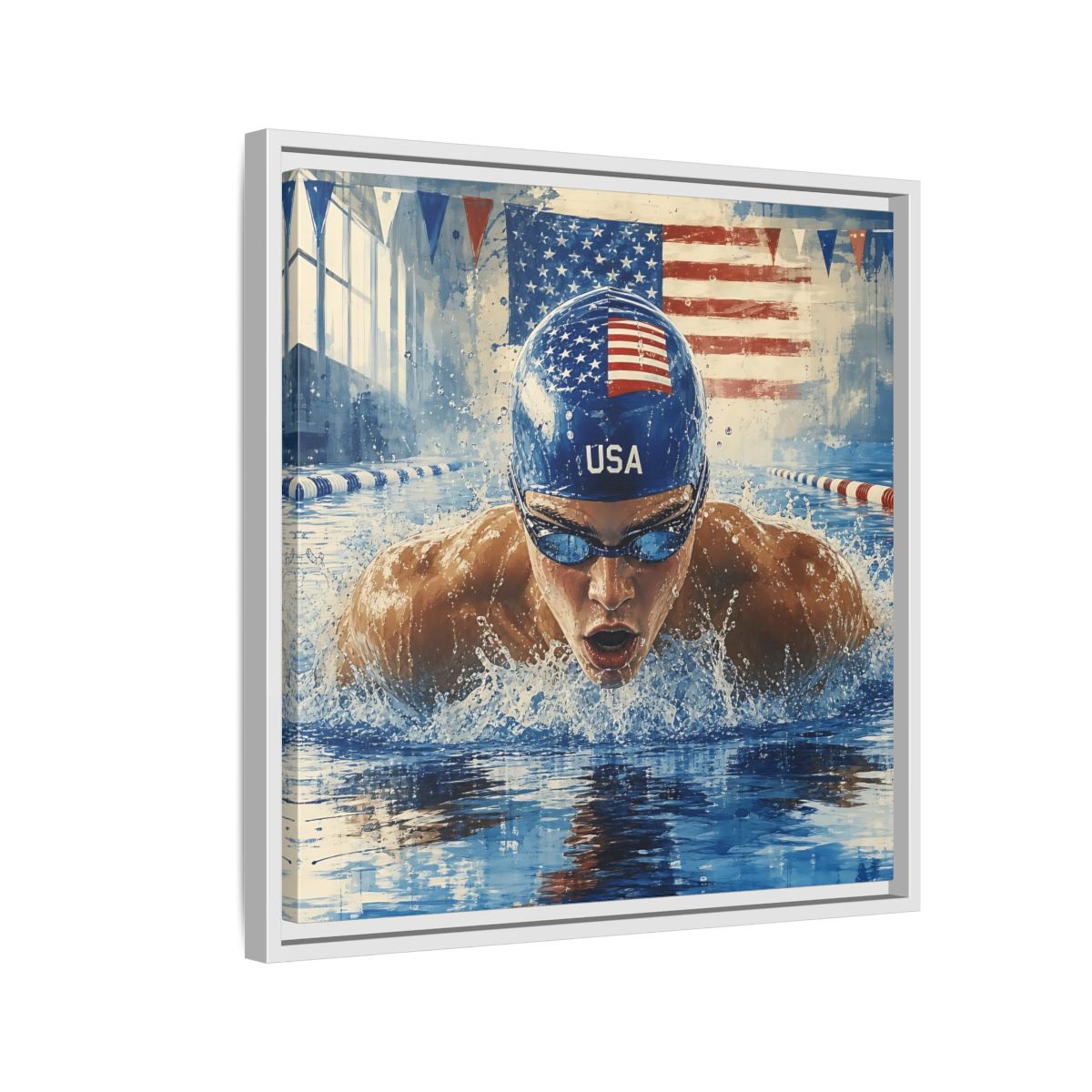 Side Mockup 10. Sports Swimmer Red White Blue shown as framed canvas print