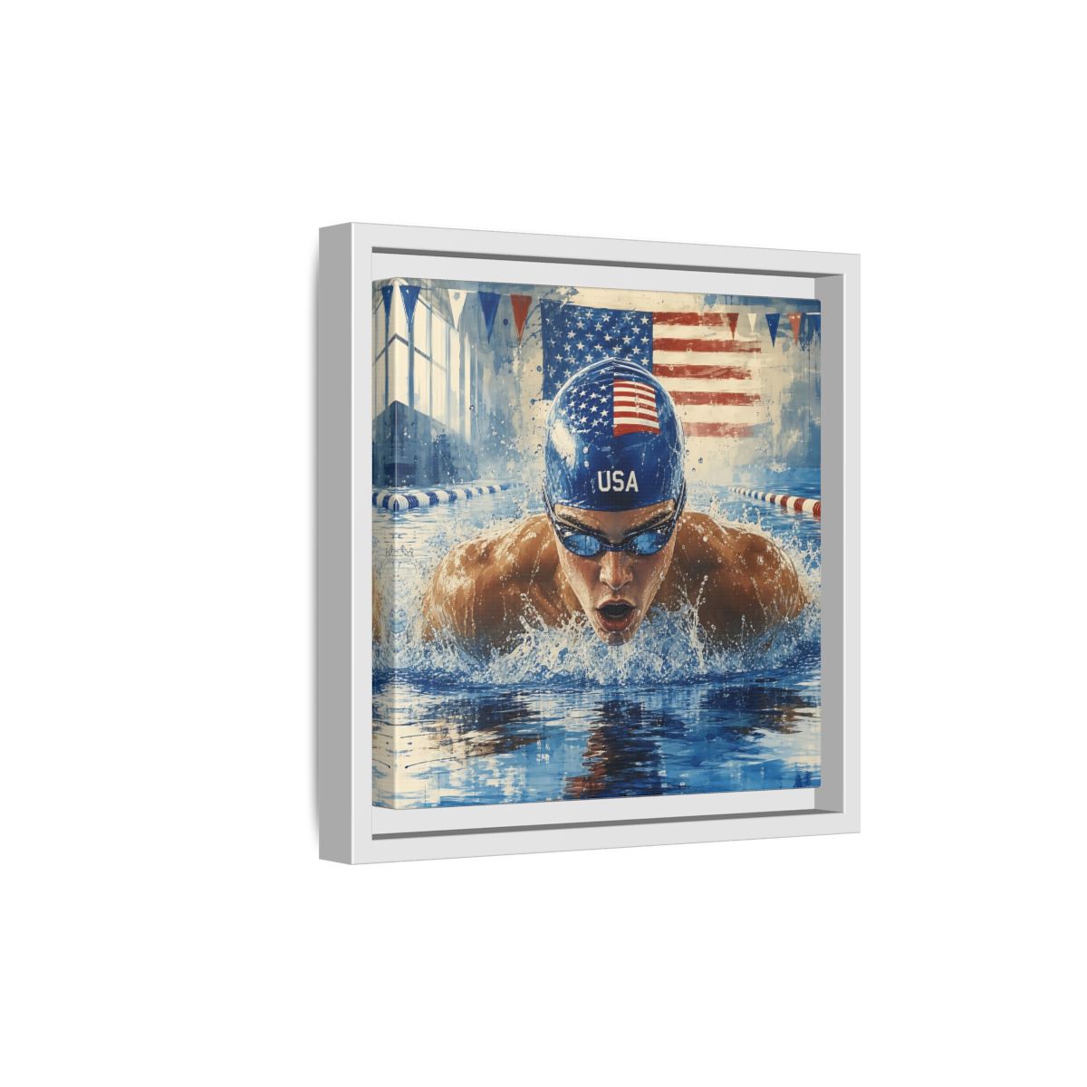 Side Mockup 19. Sports Swimmer Red White Blue shown as framed canvas print