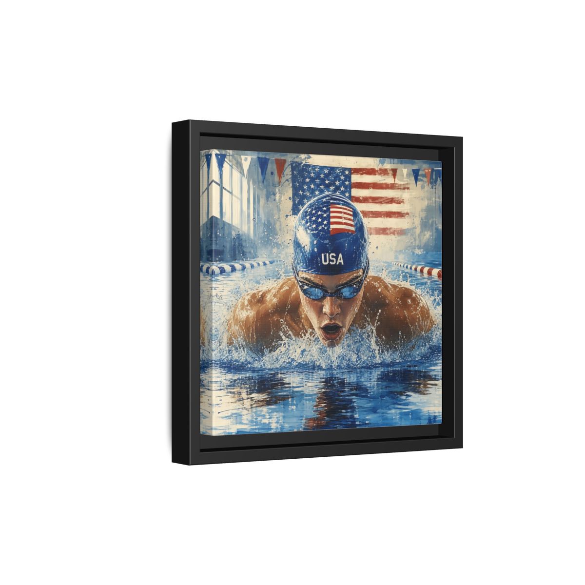Side Mockup 21. Sports Swimmer Red White Blue shown as framed canvas print