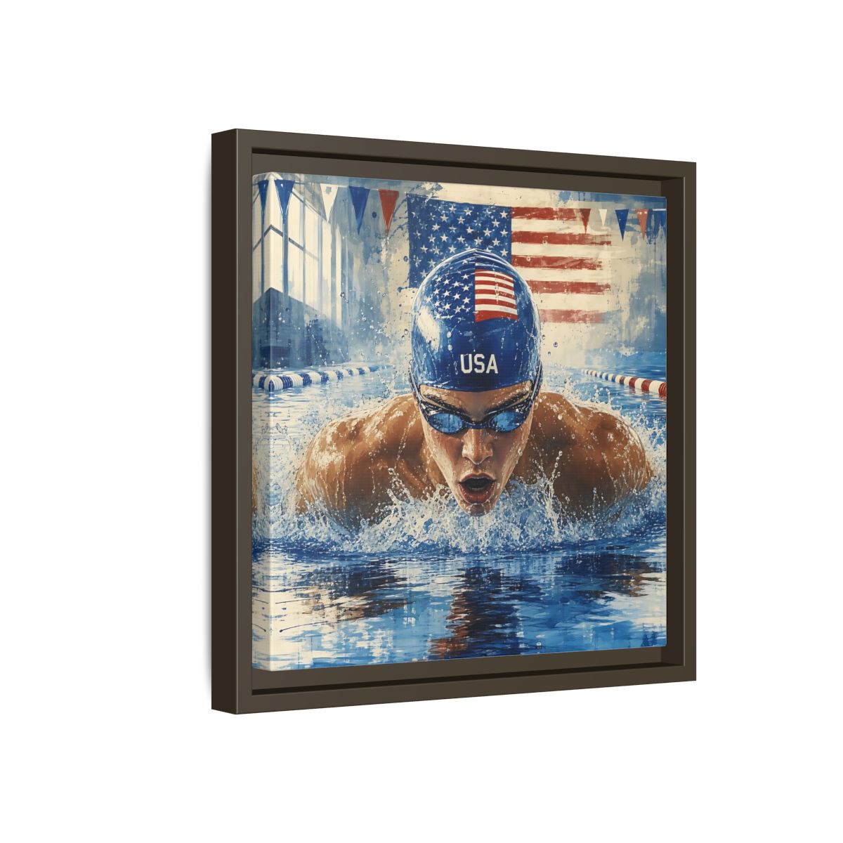 Side Mockup 17. Sports Swimmer Red White Blue shown as framed canvas print