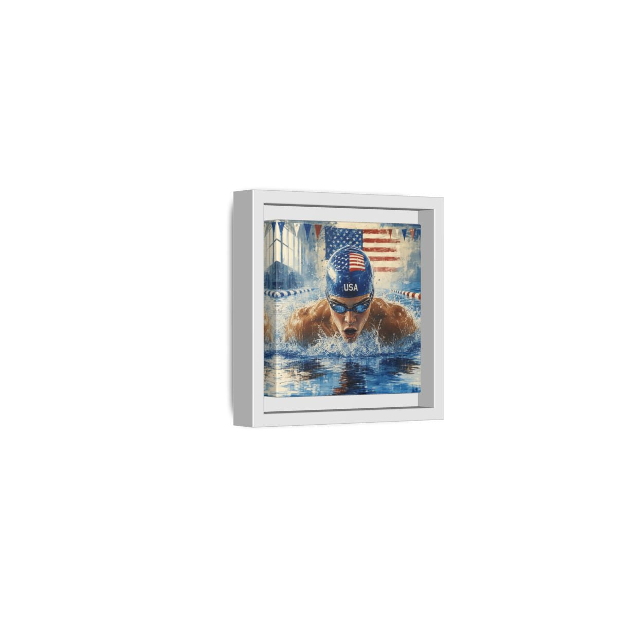 Side Mockup 22. Sports Swimmer Red White Blue shown as framed canvas print