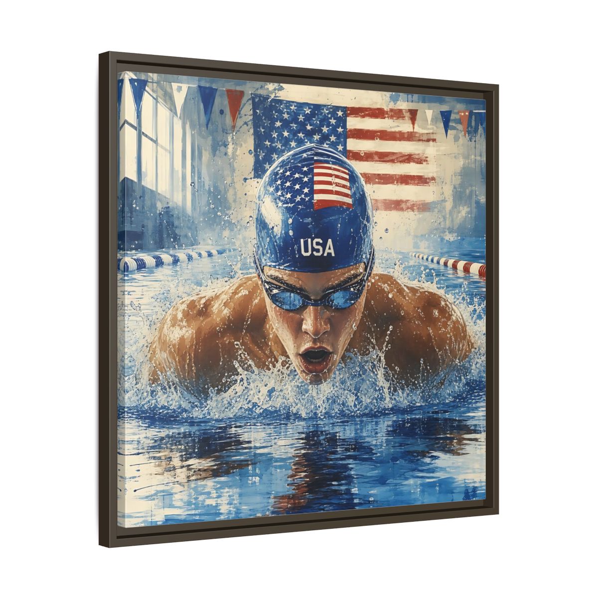 Side Mockup 27. Sports Swimmer Red White Blue shown as framed canvas print