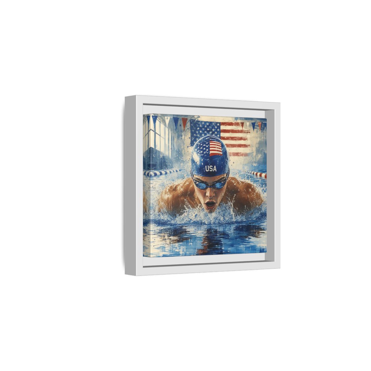 Side Mockup 1. Sports Swimmer Red White Blue shown as framed canvas print