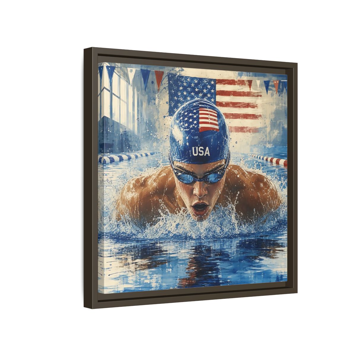 Side Mockup 14. Sports Swimmer Red White Blue shown as framed canvas print