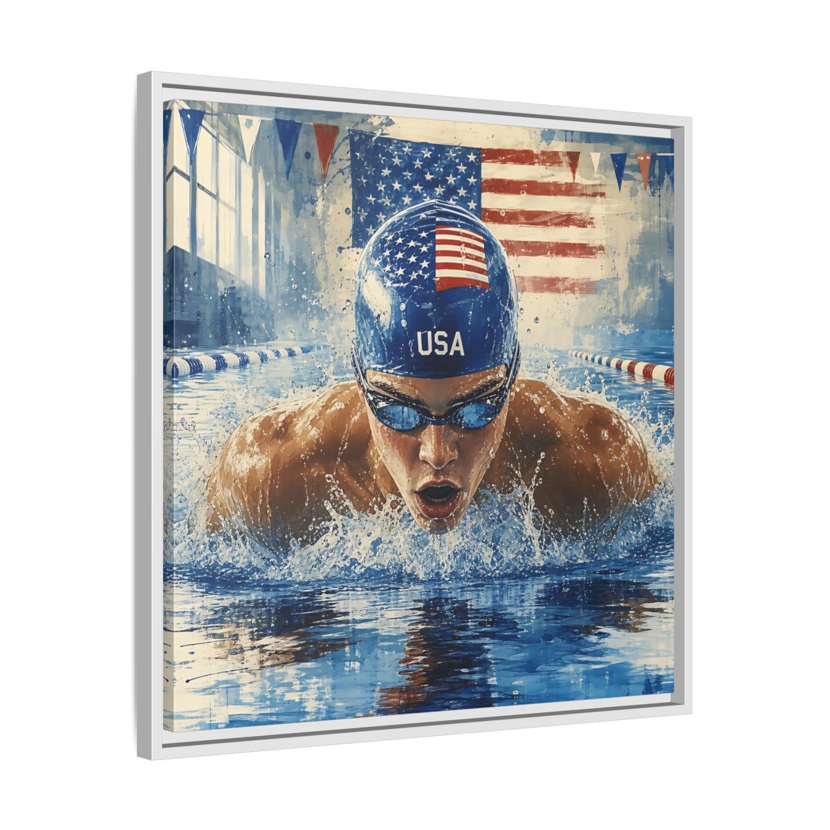 Side Mockup 26. Sports Swimmer Red White Blue shown as framed canvas print