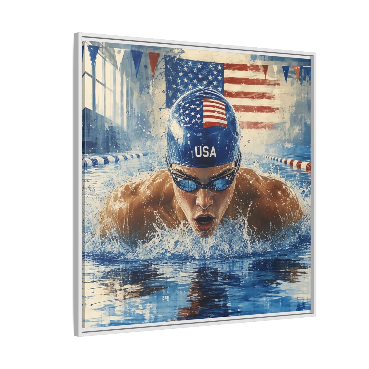 Side Mockup 4. Sports Swimmer Red White Blue shown as framed canvas print