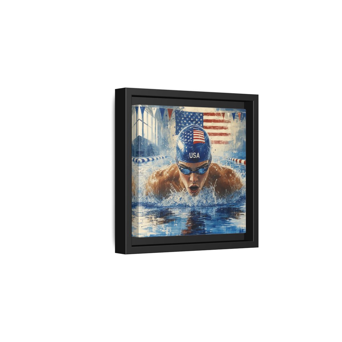 Side Mockup 3. Sports Swimmer Red White Blue shown as framed canvas print