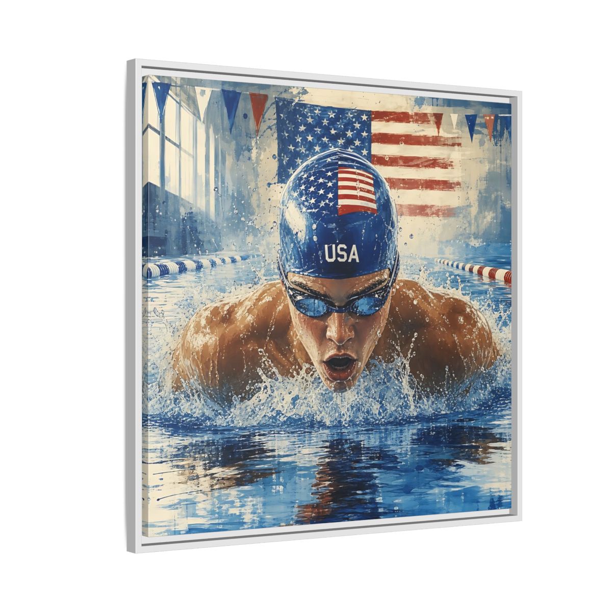 Side Mockup 7. Sports Swimmer Red White Blue shown as framed canvas print
