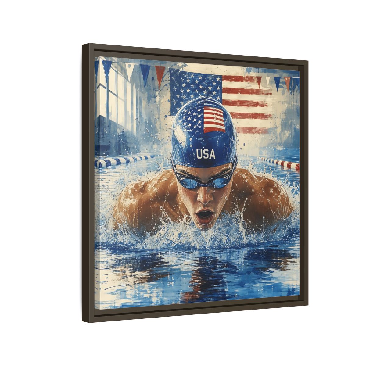 Side Mockup 11. Sports Swimmer Red White Blue shown as framed canvas print