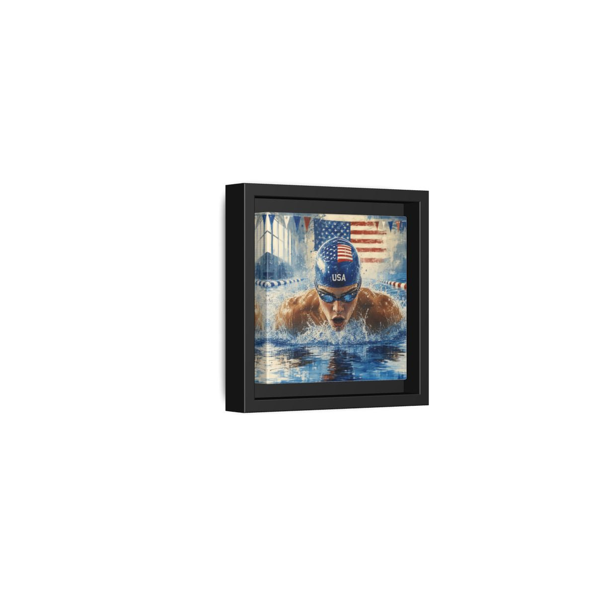 Side Mockup 24. Sports Swimmer Red White Blue shown as framed canvas print