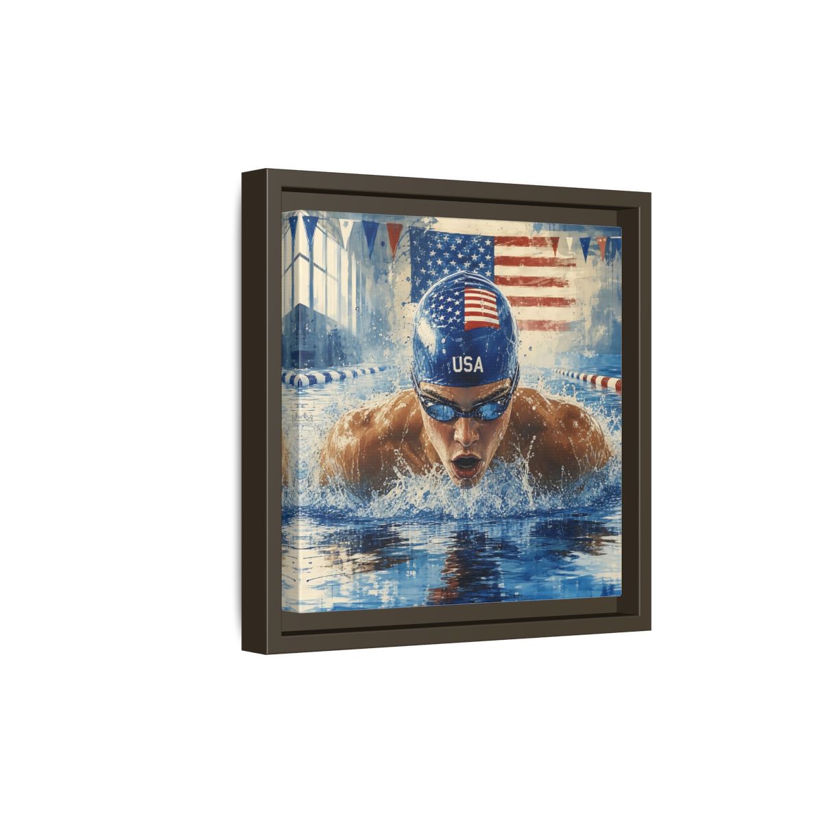 Side Mockup 20. Sports Swimmer Red White Blue shown as framed canvas print
