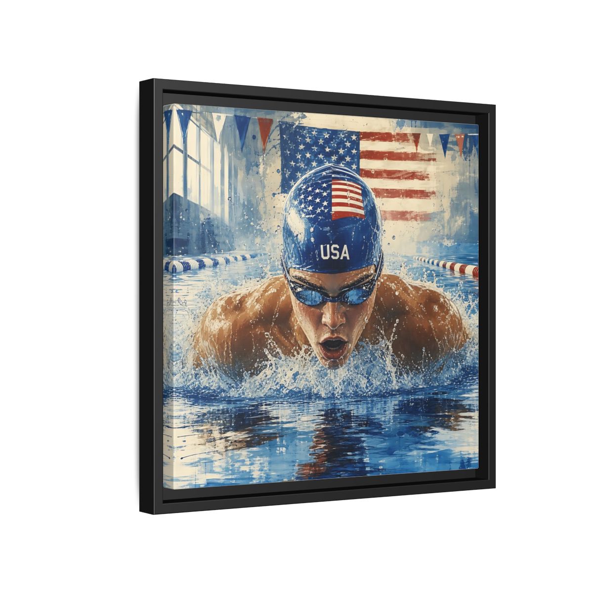 Side Mockup 15. Sports Swimmer Red White Blue shown as framed canvas print