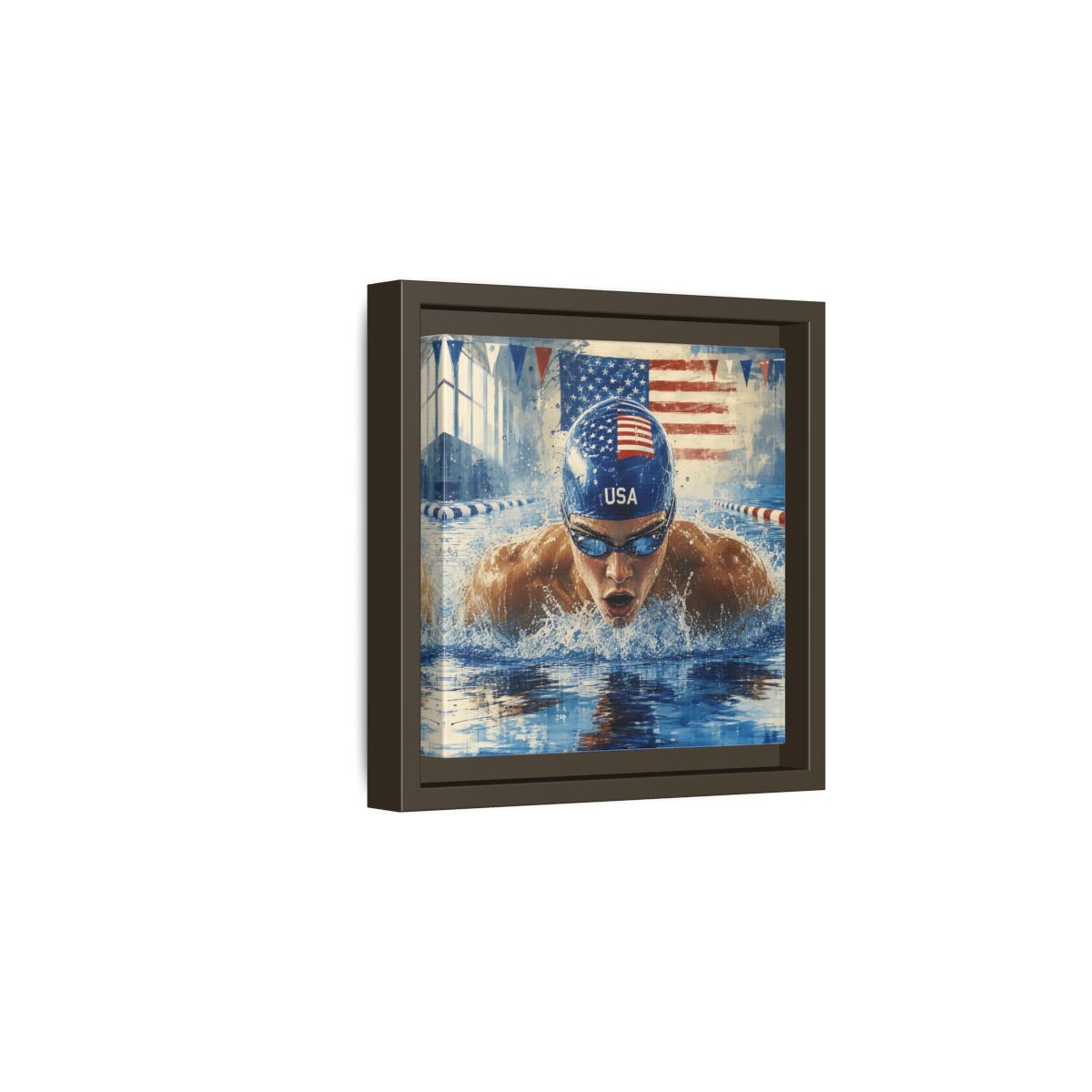 Side Mockup 2. Sports Swimmer Red White Blue shown as framed canvas print