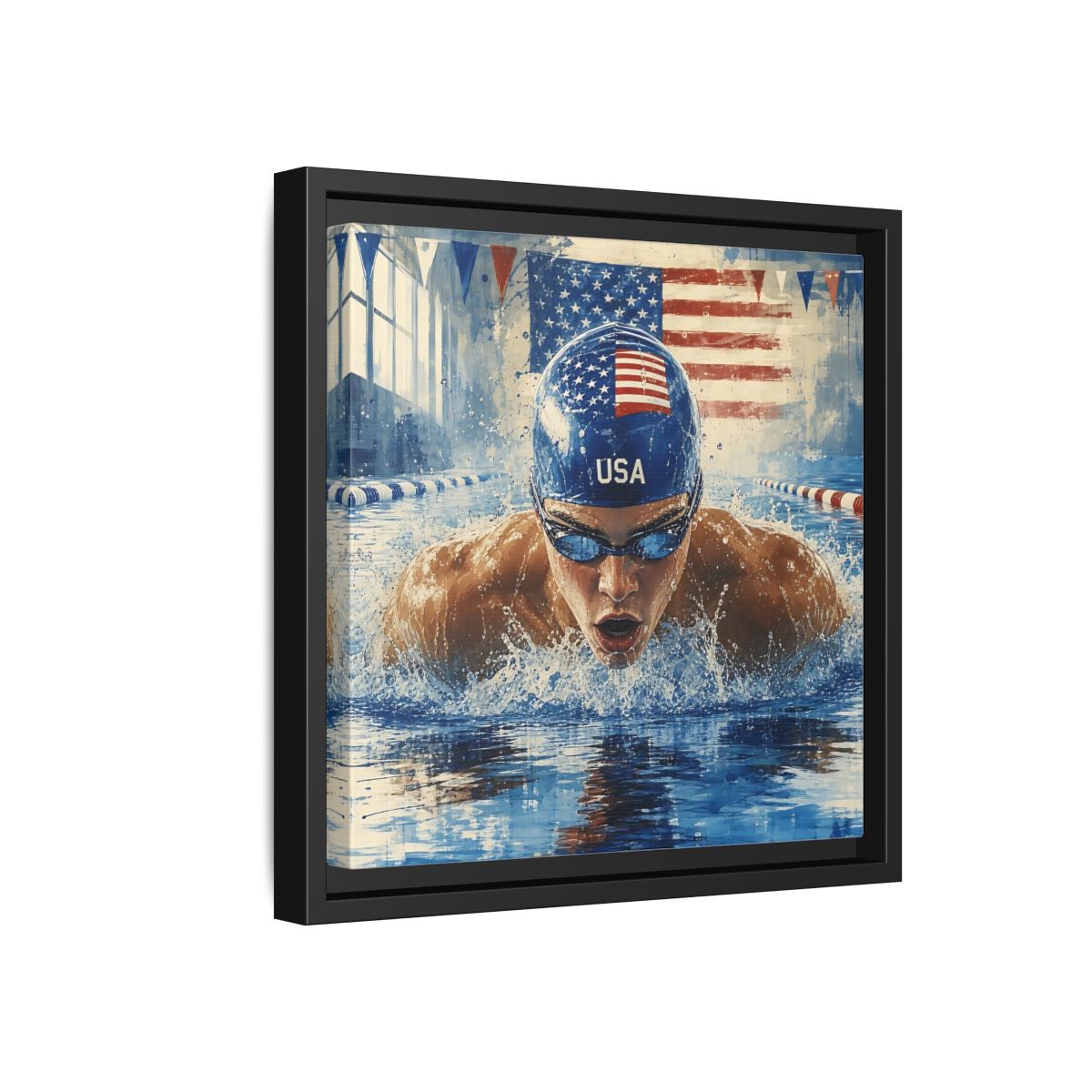 Side Mockup 18. Sports Swimmer Red White Blue shown as framed canvas print
