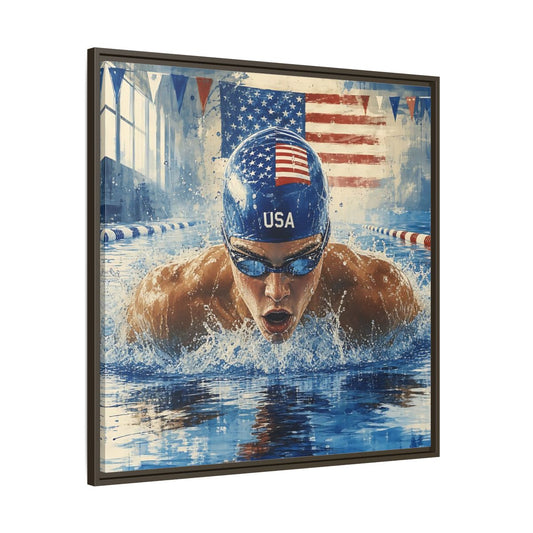 Main Mockup. Sports Swimmer Red White Blue shown as framed canvas print