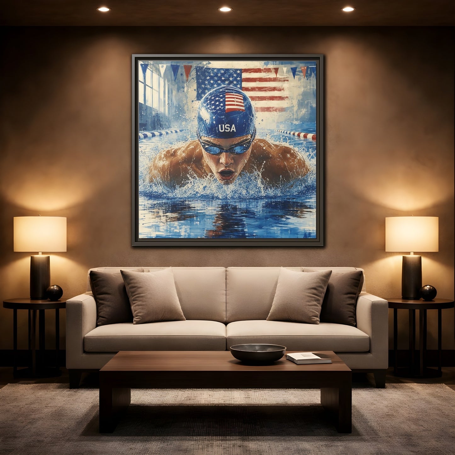 Mockup 2. Sports Swimmer Red White Blue shown as framed canvas print