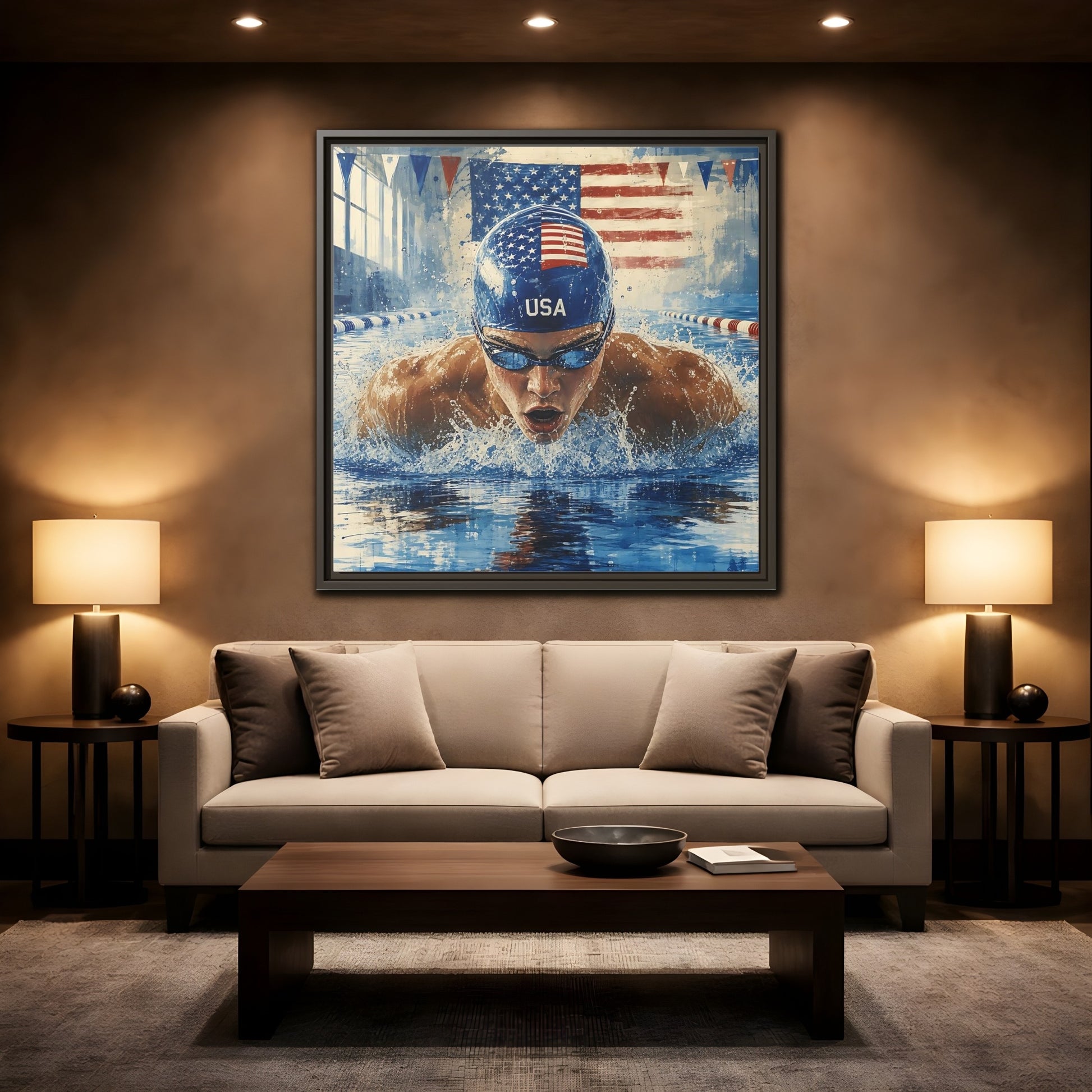 Mockup 2. Sports Swimmer Red White Blue shown as framed canvas print