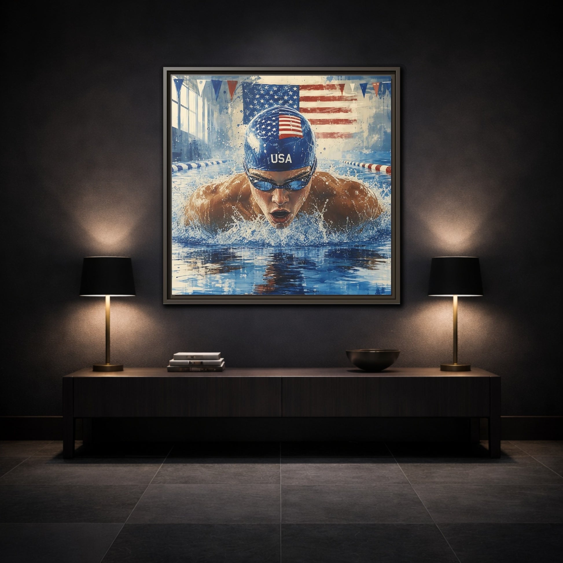 Mockup 3. Sports Swimmer Red White Blue shown as framed canvas print